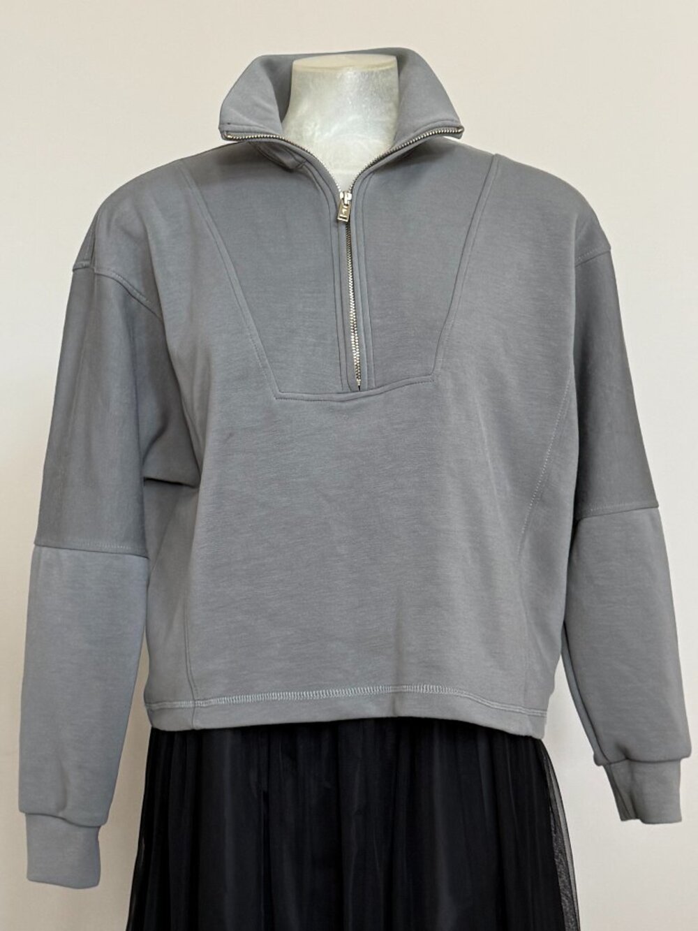 Elie Tahari Gray Sage Cropped Quarter Zip Pullover Sweatshirt S